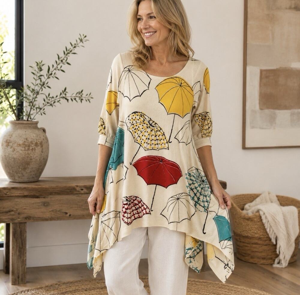 Field Flower Cashmere Blend Umbrella Print Sharkbite Sweater Tunic Sm Artsy